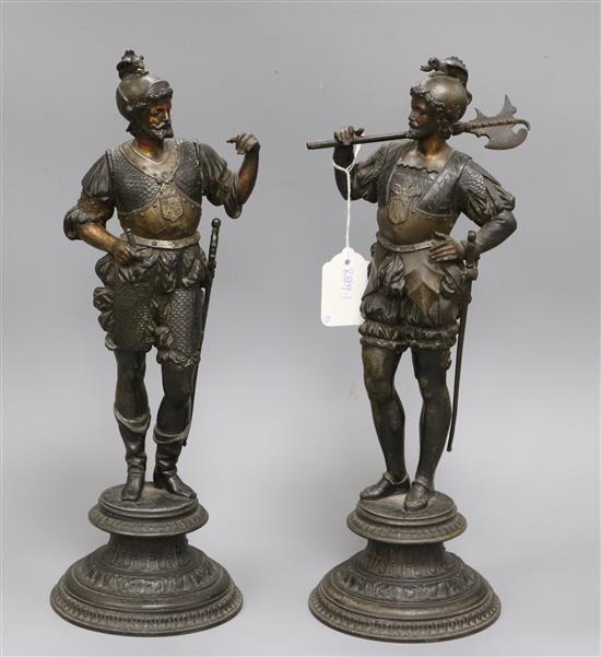 A pair of late 19th century Spelter figures of knights tallest 39cm